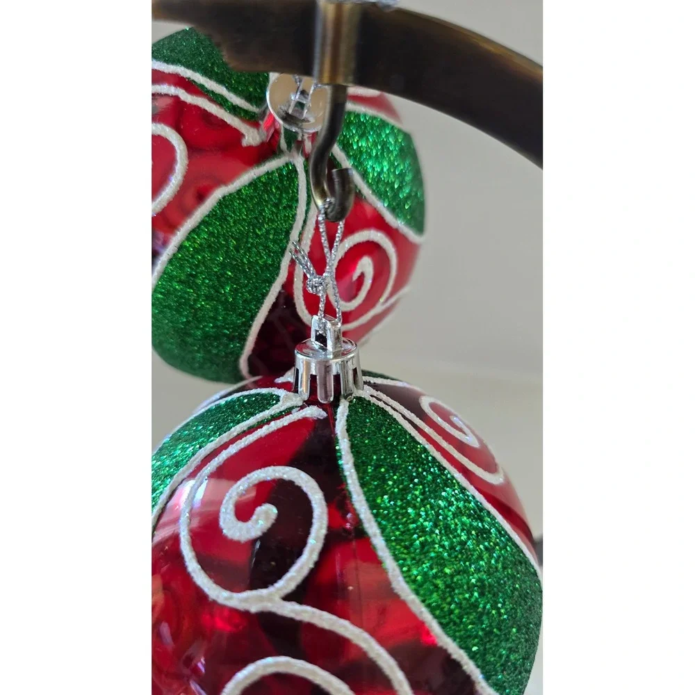New Kurt Adler Set of 2 Red and Green Glitter Swirl Glass Christmas Ornaments